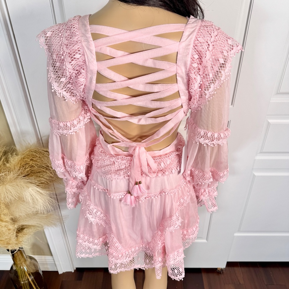 LIGHT PINK MINI DRESS WITH CROCHET AND LACE DETAILS - Picture 6 of 16